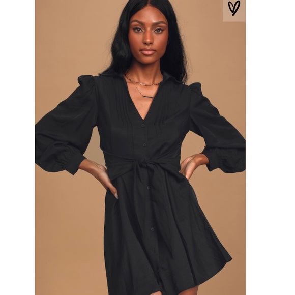 BNWT Lulus Black Button-Up Tie-Front Shirt Dress - Picture 4 of 4